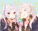  2girls closed_mouth commentary_request eating eyes_closed female_my_unit_(fire_emblem:_kakusei) fire_emblem fire_emblem:_kakusei food gimurei gloves holding hood hood_down ice_cream ice_cream_cone licking_lips menoko multiple_girls my_unit_(fire_emblem:_kakusei) nintendo red_eyes simple_background tongue tongue_out twintails upper_body white_hair 