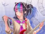  1girl artist_name black_hair black_nails blue_hair blush commentary_request danganronpa dated ear_piercing eyebrows_visible_through_hair guitar hair_ornament hairclip highres holding in_mouth instrument jewelry long_hair mioda_69ch mioda_ibuki multicolored_hair musical_note nail_polish necklace piercing pink_eyes pink_hair ponytail ring school_uniform serafuku sleeves_rolled_up solo super_danganronpa_2 white_hair 