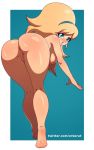  1girl anus ass barefoot blonde_hair blue_eyes calves completely_nude completely_nude_female diadem erect_nipples erkerut feet female full_body high_resolution highres huge_ass legs nipples nude pinup ponytail shy simple_background smash_girl superhero superheroine tied_hair 