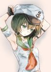  1girl adapted_costume anchor_symbol armpits arms_up beige_background black_gloves blush breasts collarbone commentary_request detached_sleeves eyebrows_visible_through_hair fingerless_gloves gloves green_eyes green_hair green_sailor_collar hair_between_eyes hat highres looking_away looking_down murasa_minamitsu neckerchief parted_lips red_neckwear sailor_collar sailor_hat sailor_shirt shirt short_hair single_detached_sleeve small_breasts solo touhou upper_body white_headwear white_shirt white_sleeves yohane 