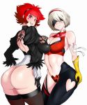  2girls android ass ass_grab back back_cutout backboob black_gloves black_hairband breast_press breasts choker cleavage cleavage_cutout crossover curvy cutie_honey cutie_honey_(character) female from_behind gloves hairband heart heart_cutout highleg highleg_leotard highres huge_ass kisaragi_honey leotard magical_girl makeup medium_breasts midriff mkonstantinov multiple_girls navel nier_(series) nier_automata open_mouth re:_cutie_honey red_eyes red_hair shiny shiny_hair shiny_skin short_hair silver_hair smile solo symmetrical_docking thick_thighs thighhighs thighs thong_leotard yorha_no._2_type_b 