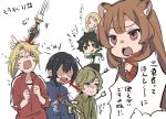  1girl 4boys amagi_ren arrow arrow_in_head blood chibi injury iwatani_naofumi kawasumi_itsuki kitamura_motoyasu masuji multiple_boys polearm raphtalia spear sword tate_no_yuusha_no_nariagari weapon white_background 