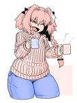  1boy ^_^ animal_print astolfo_(fate) black_bow blush bow braid buraninn cat_print closed_eyes cup denim eyes_closed fang fate/apocrypha fate/grand_order fate_(series) hair_bow hair_intakes hair_ornament jeans long_hair mug multicolored_hair pants pink_hair pink_sweater ribbed_sweater sidelocks simple_background single_braid skin_fang smile solo steam streaked_hair sweater thick_thighs thighs turtleneck turtleneck_sweater very_long_hair wide_hips 