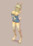  2018 5_fingers big_breasts blonde_hair bovid breasts caprine clothed clothing digital_media_(artwork) exposed_breasts female fur goat hair hi_res hooves horn humanoid mammal monster_girl_(genre) neck_tuft nipples overalls pointy_ears red_eyes satyr simple_background smile solo splayta standing tan_fur tongue tongue_out tuft undressing 