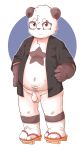  anthro balls bottomless clothed clothing cub flaccid footwear foreskin giant_panda humanoid_penis male mammal navel open_shirt partially_retracted_foreskin penis sandals slightly_chubby solo standing star_marking uncut ursid xiao_weiba young 