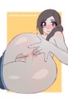 1girl anal_fingering anus ass blush brown_eyes brown_hair erkerut fingering highres leggings leggings_pull looking_at_viewer looking_back nintendo ponytail pussy pussy_juice simple_background solo tied_hair wide_hips wii_fit wii_fit_trainer yellow_background 