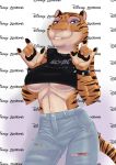  2019 akiric anthro areola big_breasts blue_eyes breasts cheek_tuft clothed clothing devil_horns disney elbow_tufts english_text eyeshadow felid female fur half-closed_eyes looking_at_viewer makeup mammal midriff officer_fangmeyer pantherine purple_eyeshadow smile solo spiked_wristband standing striped_fur stripes text tiger torn_clothing tuft under_boob wristband zootopia 