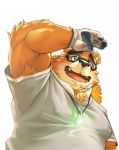  2019 anthro brown_fur clothing cute_fangs eyewear fur glasses gloves hat humanoid_hands male mammal moobs nipples oak oaks16 orchish_(pixiv) overweight overweight_male shirt simple_background solo straw_hat tokyo_afterschool_summoners ursid video_games volos white_background 