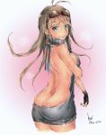  1girl antenna_hair artist_name ass bare_back bare_shoulders black_gloves blue_eyes blush breasts brown_hair butt_crack clenched_teeth commentary_request danganronpa dated dimples_of_venus fingerless_gloves from_behind gloves goggles goggles_on_head highres iruma_miu long_hair looking_at_viewer medium_breasts meme_attire mioda_69ch new_danganronpa_v3 sideboob solo sweat sweatdrop teeth virgin_killer_sweater 