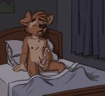  bed black_nose brown_fur canid canine canis cum cumshot domestic_dog ejaculation erection fur male mammal masturbation navel nipples nude orgasm solo tinydeerguy tongue tongue_out 