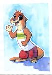  2019 ambiguous_gender anthro barefoot blue_background border clothed clothing cute_fangs fuel_(artist) head_tuft looking_at_viewer lutrine mammal mustelid oliver_(fuel) open_mouth open_smile painting_(artwork) shadow shirt shorts simple_background smile solo standing tank_top traditional_media_(artwork) watercolor_(artwork) waving white_border 