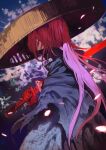 1boy ajirogasa fate/grand_order fate_(series) hat highres katana lack long_hair male_focus mask okada_izou_(fate) over_shoulder petals red_eyes red_hair sword weapon weapon_over_shoulder 