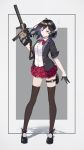  1girl absurdres ahoge akinaz black_hair black_legwear blazer blue_eyes bow candy chinese_commentary commentary_request earpiece finger_on_trigger food full_body gloves gun highres holding holding_gun holding_weapon holster jacket kriss_vector lollipop mary_janes medium_hair mouth_hold original plaid plaid_skirt pleated_skirt school_uniform shoes simple_background skirt solo submachine_gun suppressor thigh_holster thighhighs weapon 