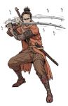  1boy black_hair facial_hair fighting_stance forehead_scar gameplay_mechanics highres katana male_focus nigou pants ponytail prosthesis prosthetic_arm sekiro sekiro:_shadows_die_twice sheath stubble sword weapon white_background 