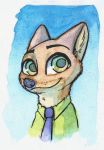  2019 ambiguous_gender anthro blue_background border bust_portrait canid canine cheek_tuft clothed clothing disney fox fuel_(artist) green_eyes mammal neck_tuft necktie nick_wilde painting_(artwork) portrait red_fox simple_background smile solo traditional_media_(artwork) tuft watercolor_(artwork) white_border zootopia 