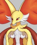  2019 ambiguous_gender anthro areola breast_grab breasts canid canine cheek_tuft delphox disembodied_hand duo female female/ambiguous female_focus front_view fur grabbing_from_behind hand_on_breast human inner_ear_fluff mammal multicolored_fur nintendo nipples nude pink_nipples pok&eacute;mon pok&eacute;mon_(species) red_fur simple_background solo_focus tuft video_games white_fur yellow_fur zeamaeri 