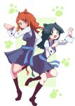  2girls animal_ears aqua_eyes barbara_parker black_hair breasts brown_hair cat_ears eyebrows_visible_through_hair full_body hands_up hanna_england highres hys-d leg_up little_witch_academia long_hair long_sleeves looking_at_viewer multiple_girls open_mouth paw_pose paw_print shirt skirt smile tail white_shirt yellow_eyes 