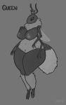  2019 antennae anthro arthropod bee big_breasts breasts bumble_bee_(species) digital_media_(artwork) female fluffy hymenopteran insect monochrome non-mammal_breasts nude pafu_(artist) queen_(character) solo thick_thighs wings 