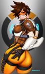  1girl ass bodysuit breasts brown_eyes brown_hair cameltoe fang from_behind gloves goggles hand_on_ass highres huge_ass jacket large_breasts looking_at_viewer mkonstantinov open_mouth overwatch short_hair sideboob skin_tight smile solo tracer_(overwatch) 