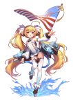  1girl ahoge american_flag azur_lane blonde_hair breasts bright_pupils covered_navel detached_sleeves eldridge_(azur_lane) eyebrows_visible_through_hair facial_mark full_body highres latioss leotard long_hair open_mouth outstretched_arm pink_eyes rigging simple_background small_breasts solo standing standing_on_one_leg tail thighhighs twintails very_long_hair white_background white_legwear 