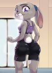  2019 akiric anthro bike_shorts breasts butt clothed clothing crop_top dipstick_ears disney female furgonomics inside judy_hopps lagomorph leporid looking_at_viewer looking_back mammal midriff purple_eyes rabbit rear_view shirt shorts smile solo standing tail_clothing tank_top tied_ears tight_clothing window zootopia 