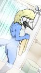  2018 anthro avian bathroom beak big_breasts bird blonde_hair blue_feathers blue_jay breasts butt cartoon_network caught corvid digital_media_(artwork) feathers female hair hilary_(regular_show) looking_at_viewer mature_female nipples nude open_mouth regular_show short_hair shower slypon standing steam surprise wide_eyed 