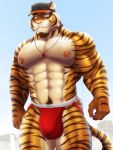  abs anthro biceps big_muscles big_pecs blue_eyes bulge clothed clothing coach coach_night dream_and_nightmare felid hat hi_res jockstrap male mammal muscular muscular_male night_(dream_and_nightmare) nipples owo pantherine pecs smile solo standing stripes tiger topless underwear whistle 