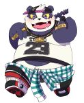  2019 alp_(tas) anthro belly blush clothing fur giant_panda humanoid_hands male mammal overweight overweight_male pants purple_eyes purple_fur shirokumaou shirt solo teeth tokyo_afterschool_summoners ursid video_games 