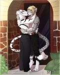  2019 4_toes anthro barefoot bastika blonde_hair day detailed_background digital_media_(artwork) digitigrade duo eyes_closed felid french_kissing fur hair hi_res kissing leopard male male/male mammal outside pantherine tiger toes white_fur 