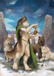  2019 ambiguous_gender anthro barefoot black_nose breasts canid canine canis day detailed_background digitigrade eyes_closed female feral group hi_res mammal nipples outside scale_(artist) sky smile standing wolf 