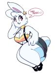  2019 anthro bandeau big_breasts big_butt blush breasts butt carol_(meirdent) cleavage clothed clothing dialogue ear_piercing english_text eyelashes female footwear fur hair hand_on_thigh high_heels invalid_tag lagomorph leporid lying mammal meirdent midriff navel on_side piercing pose rabbit red_eyes shoes shorts smile solo speech_bubble suspenders text thick_thighs tuft white_fur wide_hips 