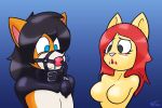  2015 ambiguous_gender amputee anthro armless ball_gag bdsm black_hair blue_eyes blush breasts canid canine clary_(creamgag) countershading drooling duo featureless_breasts female fox fur gag gagged hair jasentamiia mammal nude open_mouth orange_fur red_hair renee_(jasen_tamiia) rodent saliva sciurid tan_fur tree_squirrel white_fur 