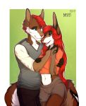  2019 anthro bastika canid canine canis clothed clothing digital_media_(artwork) domestic_dog duo female fox hair heterochromia hi_res male mammal midriff navel red_eyes red_hair simple_background 