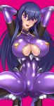  1girl akiyama_rinko breasts cleavage cleavage_cutout highres large_breasts looking_at_viewer open_mouth ponytail purple_eyes purple_hair smile solo squatting taimanin_(series) taimanin_yukikaze 