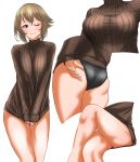  1girl alternate_costume ass ass_focus black_panties blush breasts brown_hair brown_sweater closed_mouth green_eyes hair_between_eyes highres kantai_collection large_breasts looking_at_viewer multiple_views mutsu_(kantai_collection) no_pants one_eye_closed panties short_hair simple_background smile solo sweater tama_(seiga46239239) underwear white_background 