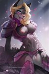  2019 5_fingers anthro aomori areola armor blonde_hair blue_eyes blush breasts canid canine canis clitoris clothed clothing digital_media_(artwork) domestic_dog female hair mammal midriff navel nipples open_mouth pussy pussy_juice smile solo tongue tongue_out 
