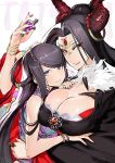  2girls bare_shoulders black_hair blue_eyes bracelet braid breasts cleavage facepaint forehead_jewel fur_trim hair_ornament horn_ring horns huge_breasts jewelry long_hair looking_at_viewer luan_niangzi mole mole_under_eye multicolored multicolored_eyes multiple_girls nail_polish nitroplus pointy_ears red_eyeshadow sinov_mimori smile thunderbolt_fantasy upper_body xing_hai 