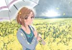  1girl aiba_yumi blush breasts brown_eyes brown_hair cardigan cleavage cloud cloudy_sky collarbone eyebrows_visible_through_hair field flower flower_field fumiya-taketatsu grey_cardigan holding holding_umbrella idolmaster idolmaster_cinderella_girls open_cardigan open_clothes outdoors petals rain ribbed_cardigan sky small_breasts smile solo umbrella upper_body yellow_flower 