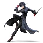  1boy 3d amamiya_ren atlus black_coat black_hair black_pants boots coat gloves highres knife male male_focus mask nintendo official_art pants persona persona_5 pose red_gloves shadow smile super_smash_bros. super_smash_bros._ultimate weapon 