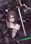  1girl absurdres bare_shoulders black_gloves black_hair breasts closed_mouth collarbone consort_yu_(fate) elbow_gloves fate/grand_order fate_(series) gloves green_eyes highres holding holding_sword holding_weapon katana long_hair medium_breasts monster pale_skin red_eyes ren_huozhe serious sword weapon xiang_yu_(fate/grand_order) 
