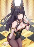  1girl animal_ears armlet artist_name bangs bare_shoulders black_hair black_nails bracelet breasts checkered checkered_floor cleavage fake_animal_ears fingernails fire_emblem fire_emblem:_kakusei fire_emblem_heroes hair_ornament hand_up highres indoors jackal_ears jewelry leotard long_hair looking_at_viewer medium_breasts nail_polish nintendo obakeart pantyhose shiny shiny_skin signature smile solo strapless strapless_leotard tharja 