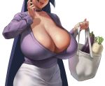  1girl breasts cleavage eu03 fate/grand_order fate_(series) groceries huge_breasts long_hair minamoto_no_raikou_(fate/grand_order) open_mouth purple_hair smile solo very_long_hair 