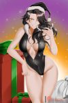  1girl alfred_cullado black_headwear box breasts cinder_fall cleavage fur-trimmed_hat fur-trimmed_leotard fur_trim gift gift_bag gift_box grin hat highleg highleg_leotard highres holding holding_mask large_breasts leotard looking_at_viewer mask partially_unzipped patreon_logo rwby santa_hat shiny shiny_clothes shiny_hair smile solo thigh_gap watermark yellow_eyes 