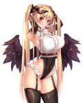  1girl angel_wings armpits bangle bangs black_gloves black_legwear black_leotard black_wings blouse blush bracelet breasts collared_blouse commentary_request covered_navel cowboy_shot demon_horns elbow_gloves eyebrows_visible_through_hair fallen_angel feathers garter_belt gloves gold gold_trim groin hands_up highleg highleg_leotard highres horns jewelry large_breasts leotard long_hair looking_at_viewer neck_ribbon original parted_lips red_eyes red_ribbon ribbon short_sleeves sidelocks simple_background skindentation smile solo thighhighs thighs twintails underbust untsue very_long_hair white_background white_blouse wings 