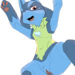  2017 anthro blue_fur blush canid canine female fur lucario mammal navel nintendo pok&eacute;mon pok&eacute;mon_(species) pu_sukebe pussy red_eyes simple_background smile solo teeth tongue video_games white_background 