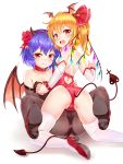  2girls absurdres ass bangs bare_shoulders bat_wings black_legwear black_leotard blue_hair blush breasts brooch bushi_(1622035441) cameltoe cleavage collar crystal demon_horns demon_tail detached_sleeves eyebrows_visible_through_hair fake_horns fang_out feet_out_of_frame flandre_scarlet flower from_behind hair_between_eyes hair_flower hair_ornament hair_ribbon hairband hand_holding head_wings heart heart_cutout heart_hair_ornament high_heels highres horns interlocked_fingers jewelry laevatein_(tail) leotard looking_at_viewer looking_back multiple_girls no_hat no_headwear open_mouth pantyhose red_collar red_eyes red_flower red_footwear red_hairband red_ribbon red_rose remilia_scarlet ribbon rose shadow short_hair siblings side_ponytail simple_background sisters small_breasts smile strapless strapless_leotard tail thighhighs thighs touhou white_background white_legwear wings yuri 