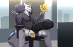  anthro balls bottomless canid canine clothed clothing dickgirl erection graded_penis humanoid_penis hyper hyper_penis intersex mammal penis shintori sitting smile solo 