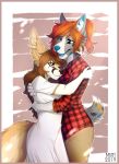 2019 5_fingers anthro bastika brown_hair brown_nose canid canine canis clothed clothing digital_media_(artwork) domestic_dog duo eyelashes female female/female fennec fox hair hi_res hug mammal open_mouth smile standing teeth tongue yellow_eyes 