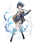  1girl alice_(sinoalice) barefoot blue_hair breasts choker earrings elbow_gloves eyebrows_visible_through_hair full_body gloves guitar hair_ribbon hairband instrument jewelry ji_no looking_at_viewer medium_breasts music official_art overalls playing_instrument ribbon short_hair shorts sinoalice solo suspenders suspenders_slip swimsuit swimsuit_under_clothes tattoo transparent_background water yellow_eyes 