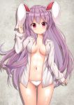  1girl absurdres animal_ears bangs blush breasts bunny_ears commentary_request cowboy_shot eyebrows_visible_through_hair grey_background hand_up highres long_hair long_sleeves looking_at_viewer medium_breasts navel open_clothes open_shirt panties purple_hair red_eyes reisen_udongein_inaba shadow shiny shiny_skin shirt sidelocks smile solo stomach suigetsu_(watermoon-910) thighs touhou underwear very_long_hair white_panties white_shirt 